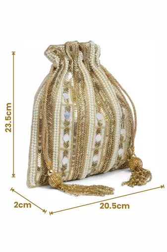 dangle beige & gold striped embellished faux silk potli