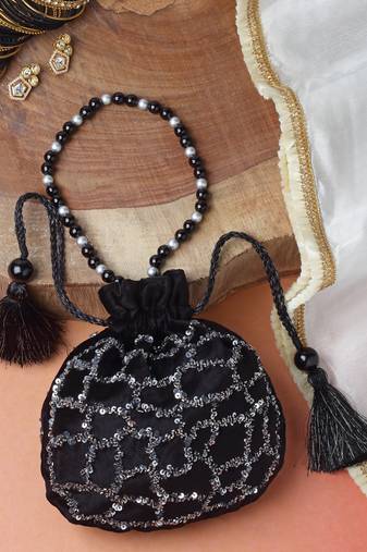 dangle black & puter grey abstract embellished velvet potli
