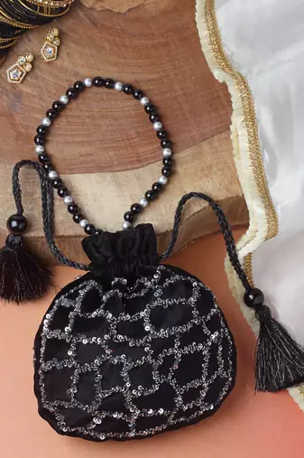 dangle black & puter grey abstract embellished velvet potli