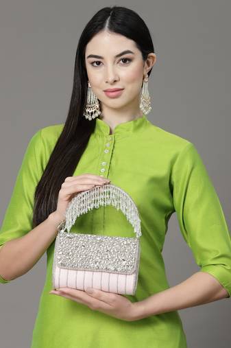 Anekaant coffer pink & silver abstract embellished suede clutch