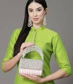 Anekaant coffer pink & silver abstract embellished suede clutch