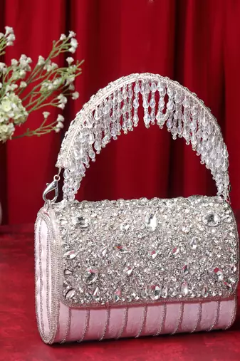 Anekaant coffer pink & silver abstract embellished suede clutch
