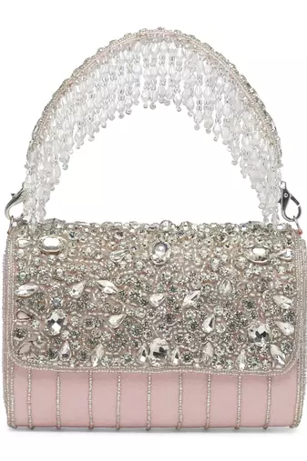 Anekaant coffer pink & silver abstract embellished suede clutch