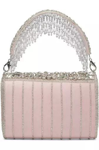Anekaant coffer pink & silver abstract embellished suede clutch