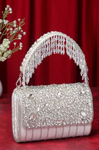 coffer white & silver abstract embellished suede clutch