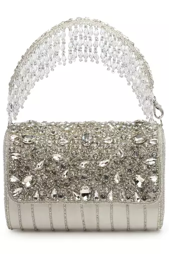coffer white & silver abstract embellished suede clutch