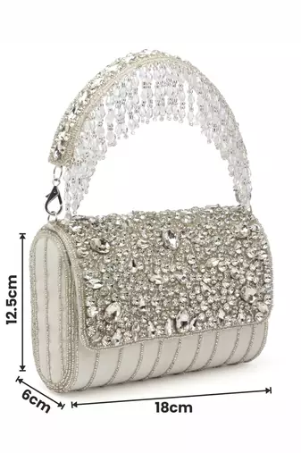 coffer white & silver abstract embellished suede clutch