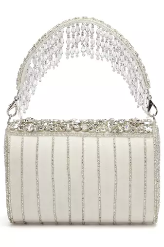 coffer white & silver abstract embellished suede clutch