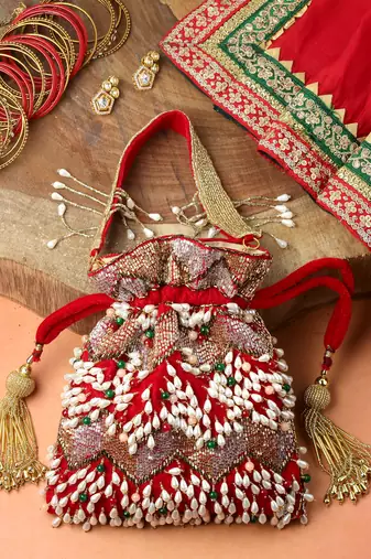 dangle cherry red & multi embellished velvet potli