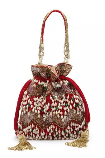 dangle cherry red & multi embellished velvet potli