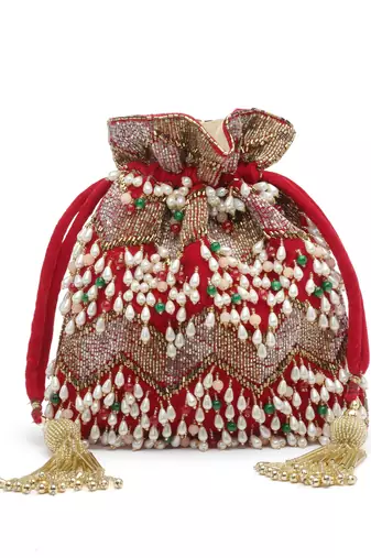dangle cherry red & multi embellished velvet potli