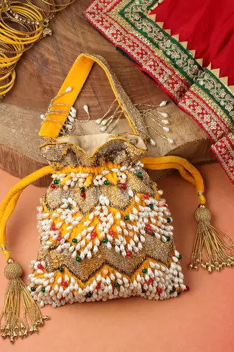 dangle honey & multi embellished velvet potli