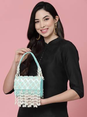 Anekaant coffer cyan & white harlequin embellished velvet clutch 1