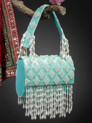 Anekaant coffer cyan & white harlequin embellished velvet clutch 2