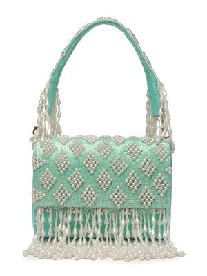 Anekaant coffer cyan & white harlequin embellished velvet clutch 3