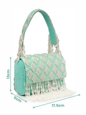 Anekaant coffer cyan & white harlequin embellished velvet clutch 4