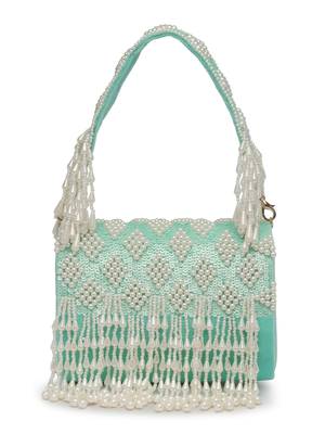 Anekaant coffer cyan & white harlequin embellished velvet clutch 5