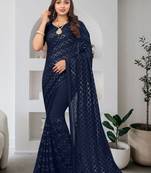 Navy blue heavy resham sequence embroidery cut dana hand work georgette party wear with blouse