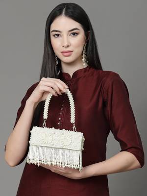 coffer off white & white bead work embellished faux silk clutch 1