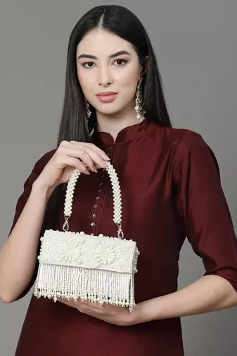 Anekaant coffer off white & white bead work embellished faux silk clutch