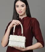 coffer off white & white bead work embellished faux silk clutch
