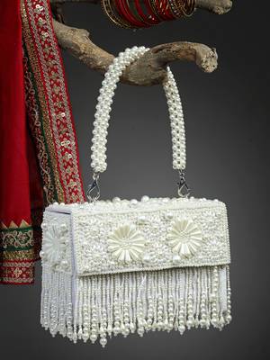 coffer off white & white bead work embellished faux silk clutch 2