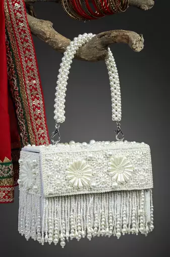 coffer off white & white bead work embellished faux silk clutch