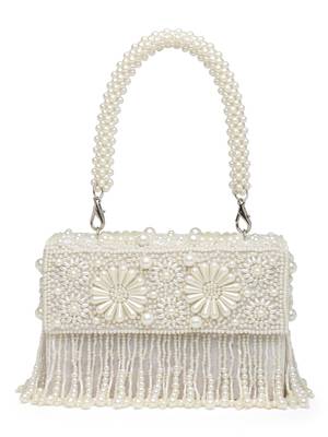 coffer off white & white bead work embellished faux silk clutch 3
