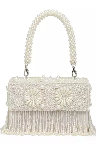 coffer off white & white bead work embellished faux silk clutch