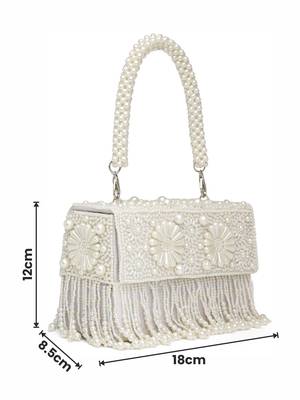 coffer off white & white bead work embellished faux silk clutch 4