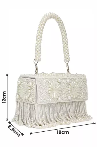 coffer off white & white bead work embellished faux silk clutch