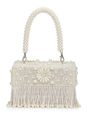 coffer off white & white bead work embellished faux silk clutch 5