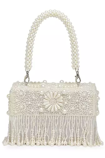 coffer off white & white bead work embellished faux silk clutch