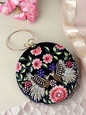 Anekaant gala midnight blue & multi quirky embroidered velvet clutch 2