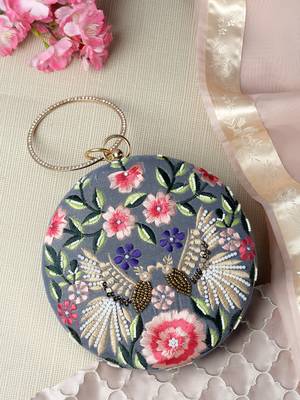 Anekaant gala blue gray & multi quirky embroidered velvet clutch 2