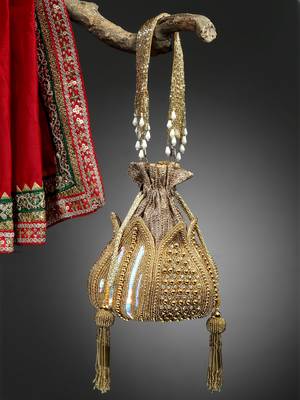 lotus gold stone work embellished faux silk potli 2