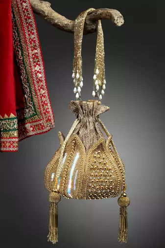 lotus gold stone work embellished faux silk potli