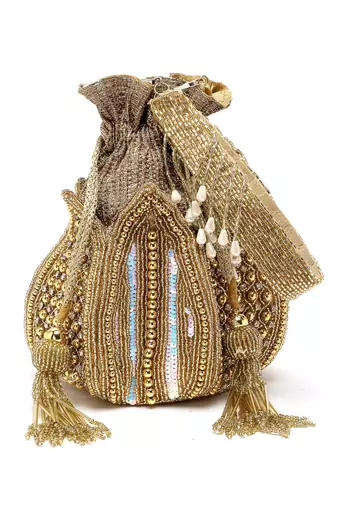 lotus gold stone work embellished faux silk potli