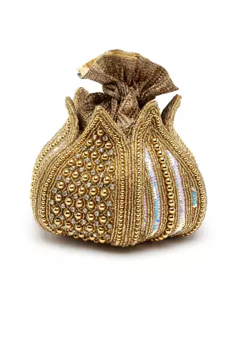 lotus gold stone work embellished faux silk potli