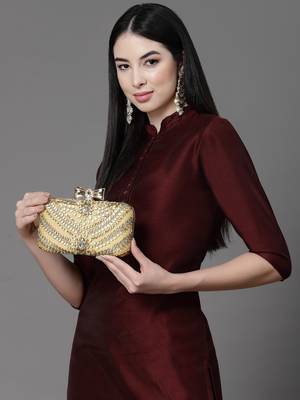 Anekaant adorn camel brown & gold stone work embellished faux silk clutch 1