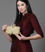 Anekaant adorn camel brown & gold stone work embellished faux silk clutch