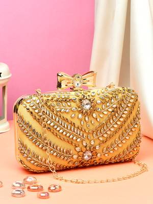 Anekaant adorn camel brown & gold stone work embellished faux silk clutch 2