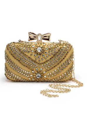 Anekaant adorn camel brown & gold stone work embellished faux silk clutch 3