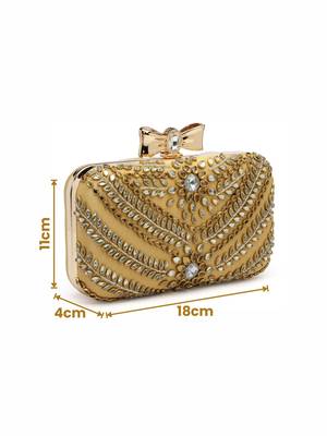 Anekaant adorn camel brown & gold stone work embellished faux silk clutch 4