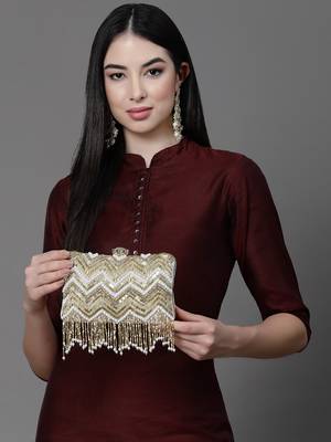 dangle white & gold chevron embellished velvet clutch 1