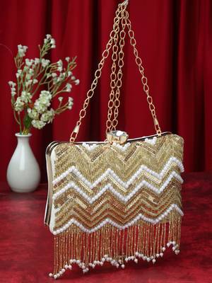 dangle white & gold chevron embellished velvet clutch 2