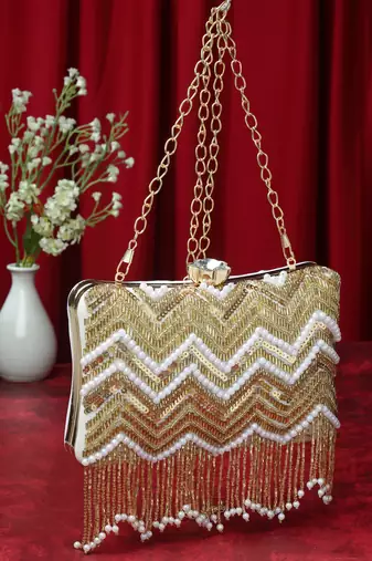 dangle white & gold chevron embellished velvet clutch