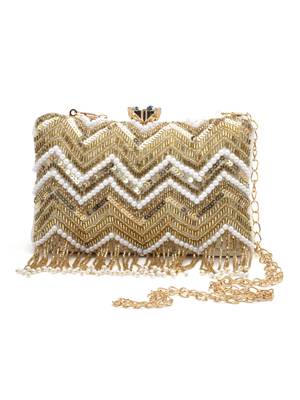 dangle white & gold chevron embellished velvet clutch 3