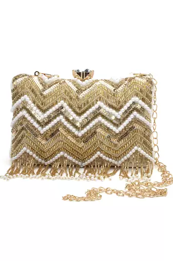 dangle white & gold chevron embellished velvet clutch