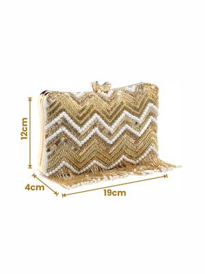 dangle white & gold chevron embellished velvet clutch 4